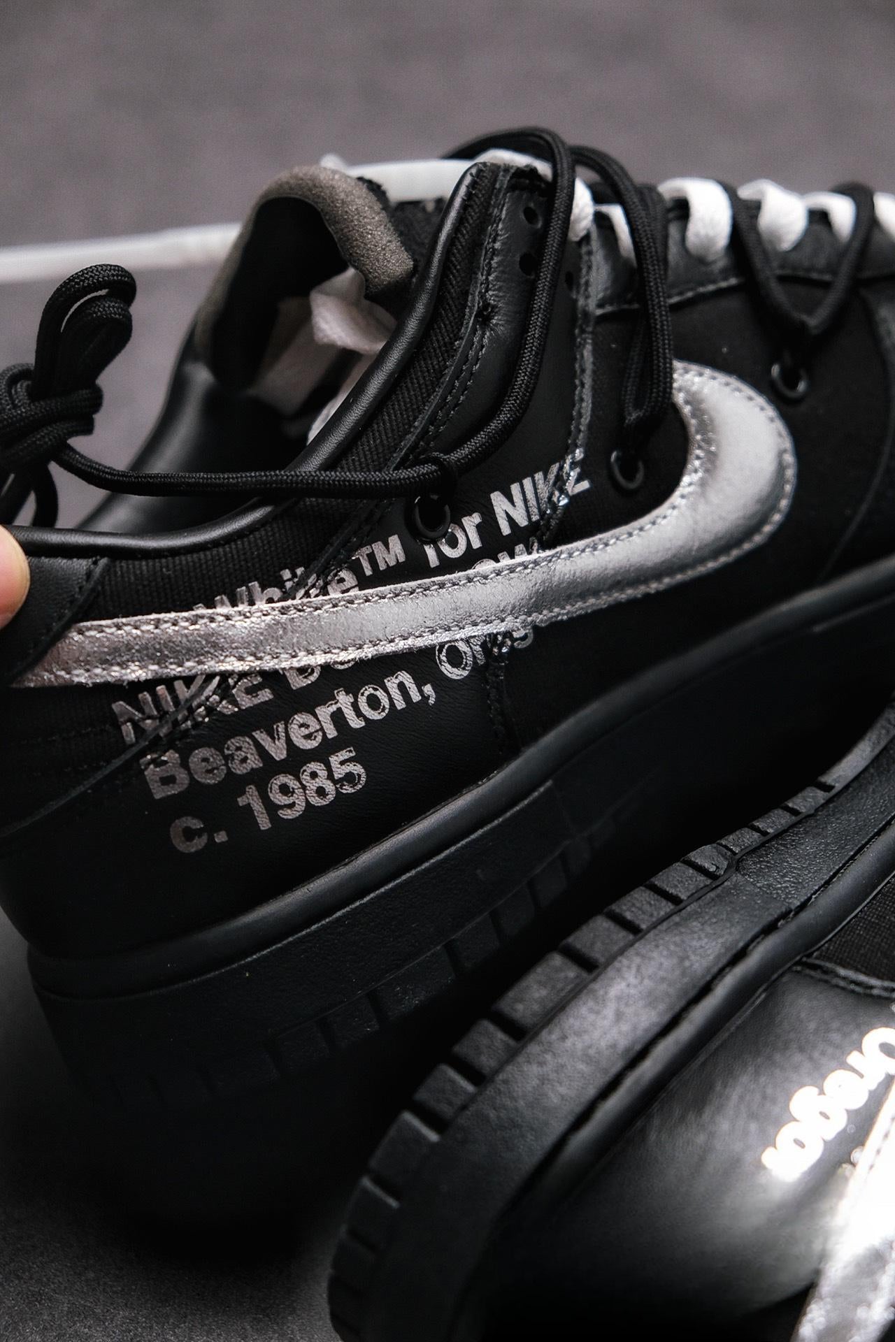 Off White Dunk Low THE 50 Jet-black Leather Construction Metallic Silver Swoosh Relays