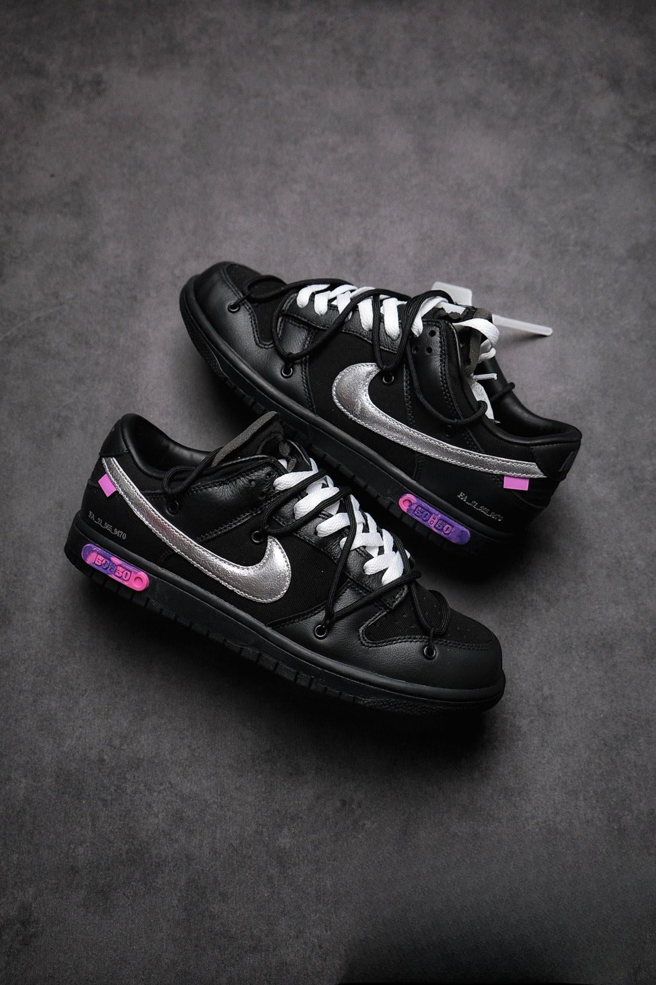 Off White Dunk Low THE 50 Jet-black Leather Construction Metallic Silver Swoosh Relays