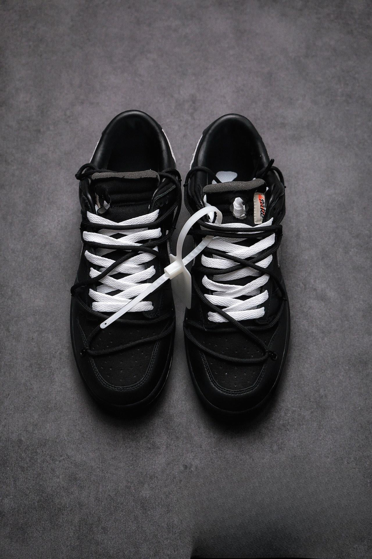 Off White Dunk Low THE 50 Jet-black Leather Construction Metallic Silver Swoosh Relays